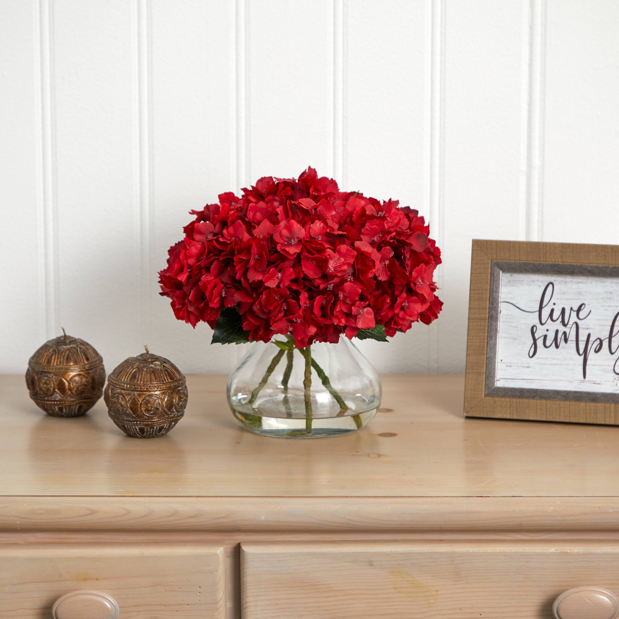 8.5" Red Hydrangea Arrangement in Glass Vase